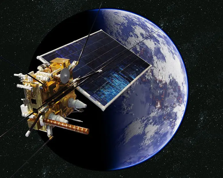Modern weather scientific satellite at the Earth orbit IPC J-STD-001 space addon training